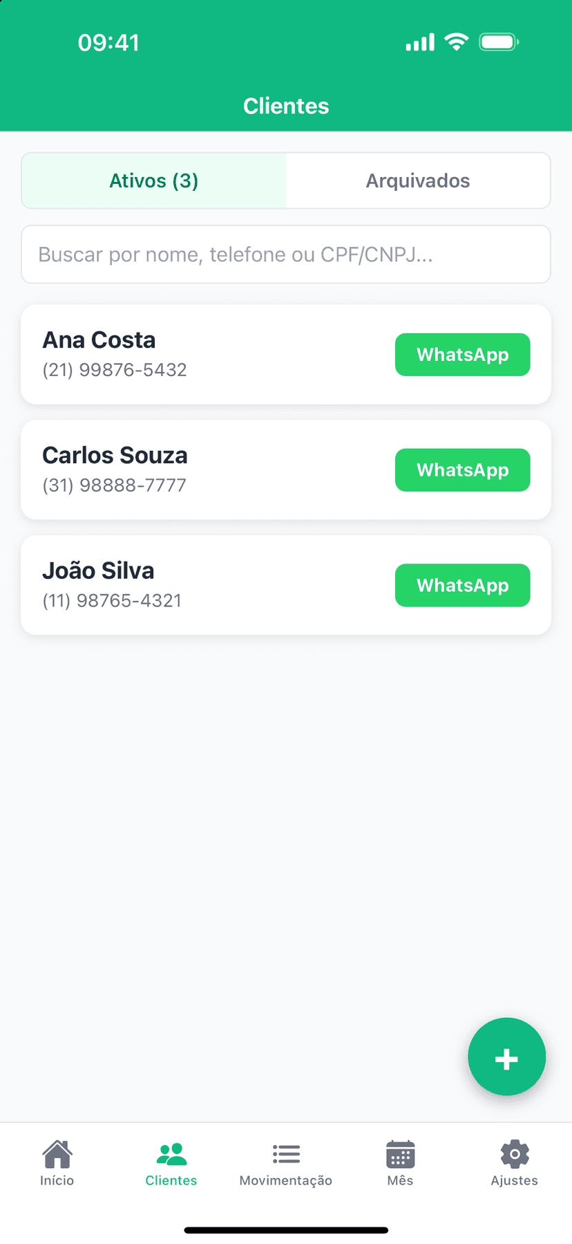 Lista de clientes do ReciboJá.
