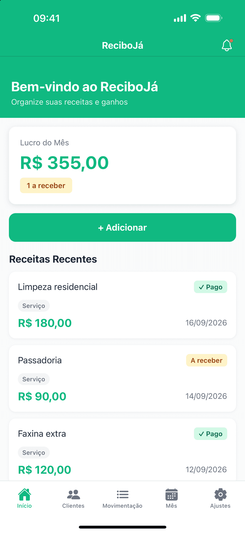 Tela inicial do ReciboJá no iPhone, com o lucro do mês.