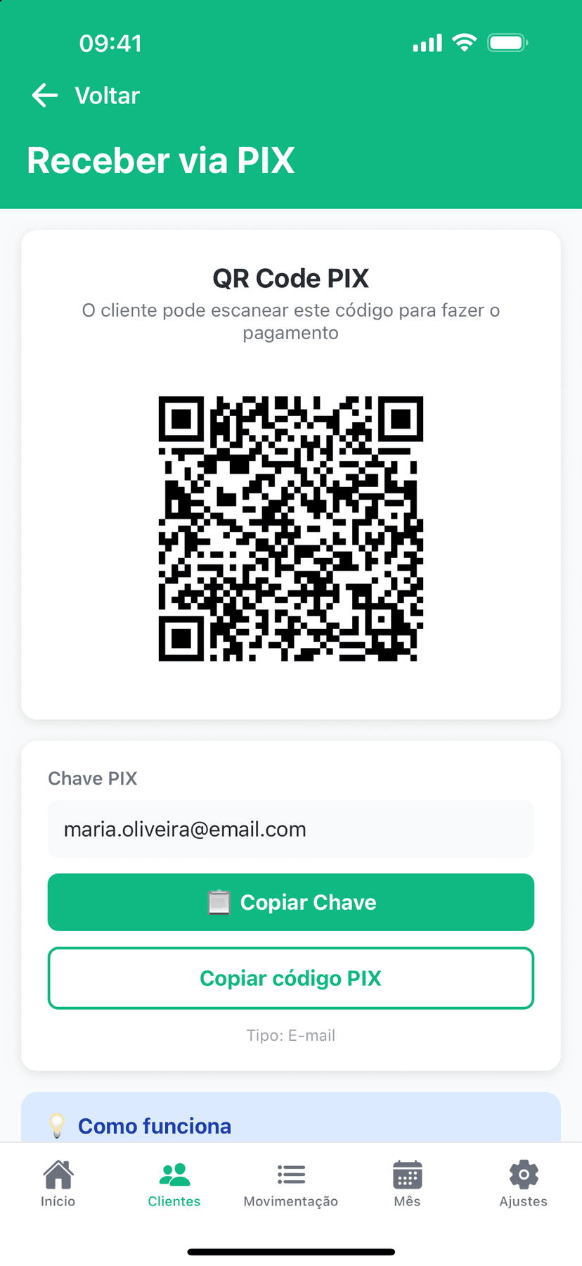 Chave PIX e QR Code no ReciboJá.